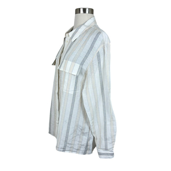 Lafayette 148 New York Neutral Stripe Linen Shirt Large Coastal Quiet Luxury - Picture 2 of 4